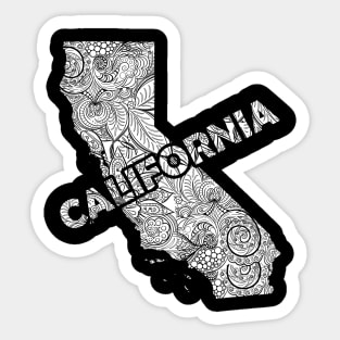 Mandala art map of California with text in white Sticker